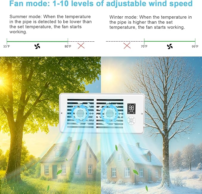 Register Booster Fan for 4" x 10" Vents Only, 10 Speeds to Control Cool & Warm Airflow, Air Conditioning Vents with LED Screen Remote & Thermostat Control, for Room Walls & Floors (White)