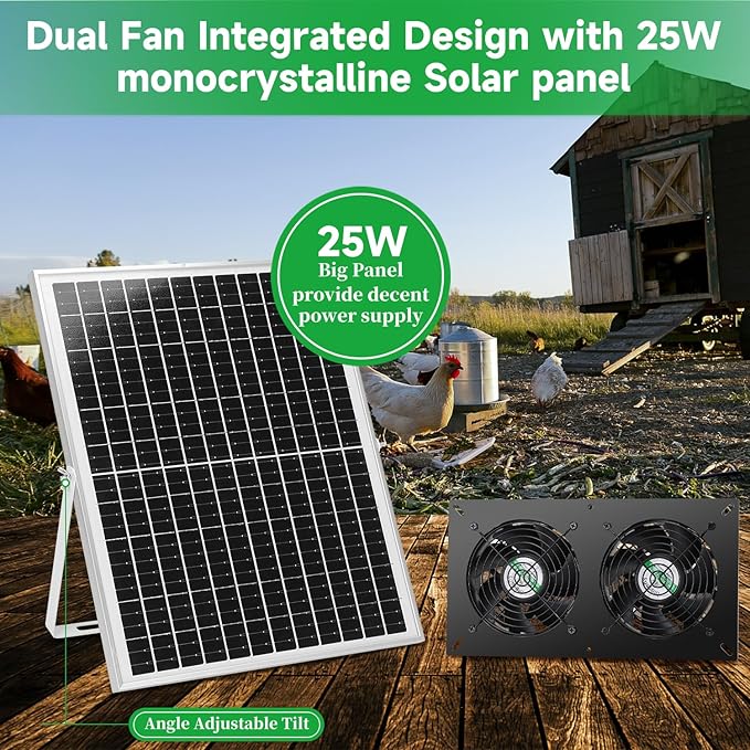 25W Solar 2 Fan Kit for Outdoor Greenhouse, Solar Powered Vent Exhaust Ventilation Fan for Chicken Coop, Shed Air Circulation, 14.7 Ft Long Cord with IP65 Weatherproof Rate
