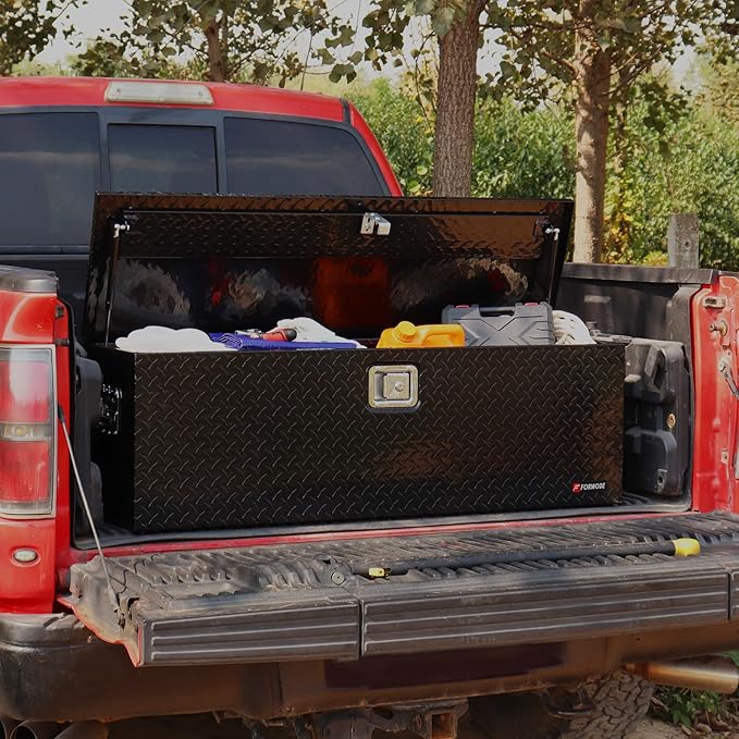 FORWODE 30&48 Inch Aluminum Truck Tool Box Lockable Truck Bed Tool Box Waterproof Truck Bed Storage Box with Gas Struts Side Handle Truck Tool Chest for Pickup, Truck Bed, RV, Trailer & Garage (Black)