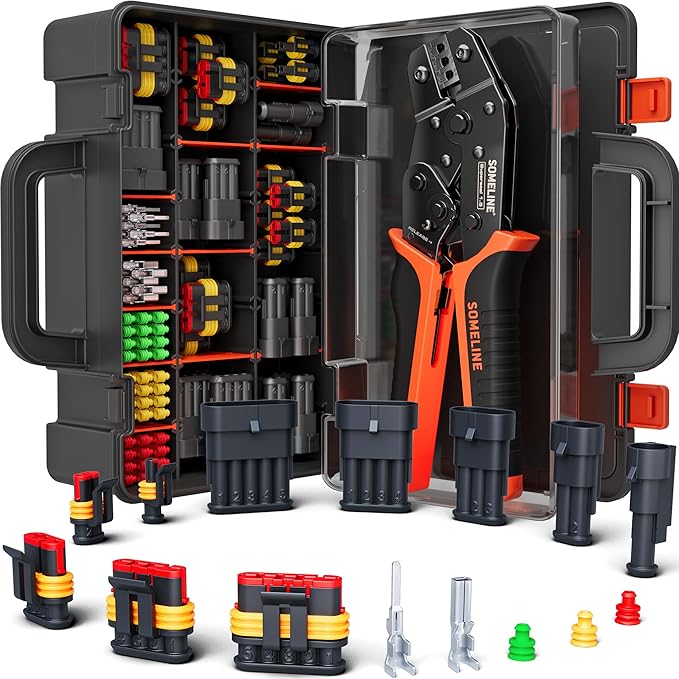 SOMELINE Waterproof Automotive Electrical Connector Crimping Tool Kit 22–14 AWG, 1/2/3/4/5 Pin Connectors with Wire Seals – For Car, Motorcycle, Marine & DIY Wiring