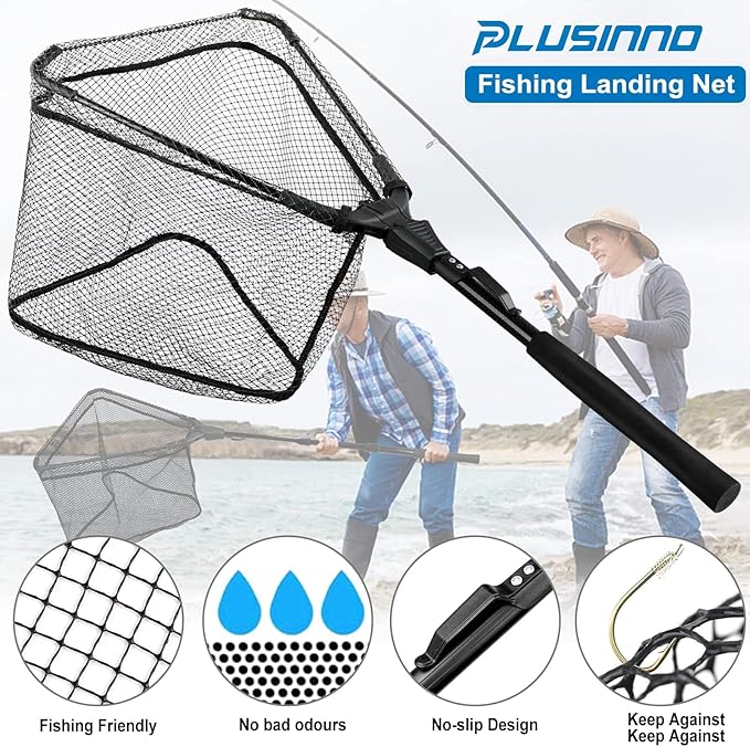PLUSINNO Fishing Net Fish Floating Landing Net, Kayak Nets with Fixed Foldable Telescopic Pole Handle, Bass Trout Fishing Nets with Nylon Mesh for Pond Lake River, Fishing Gear Gifts for Men Anglers
