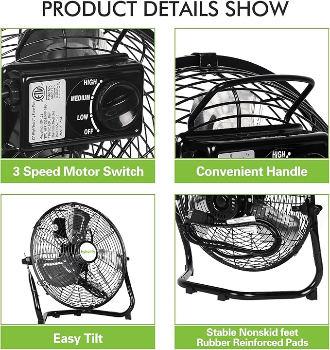 hykolity 20" High Velocity Floor Fan, 3-Speed 4650 CFM Heavy Duty Industrial Metal Shop Fan with Wall-Mounting System, Ideal for Commercial, Garage, Greenhouse and Gym