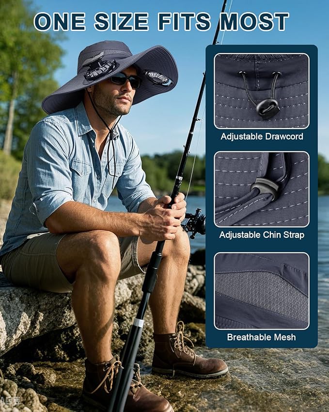 Wide Brim Sun Hat with 2 Solar Fan, Sun Bucket Hat for Men Women, UPF 50+ Bucket Fishing & Beach Hat with Fan