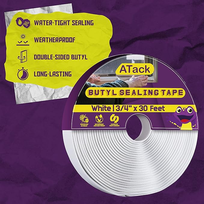 ATack White Butyl Seal Tape 1/8-Inch x 3/4-Inch x 30-Foot Leak Proof Putty Tape for RV Repair, Window, Boat Sealing, Glass and EDPM Rubber Roof Patching