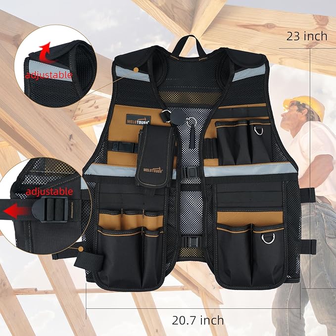 MELOTOUGH Tool Vest for Men Reflective Safety Tool Vest with Adjustable Straps,Removable Phone Holder for Electrical,Carpenters,Construction(Khaki)