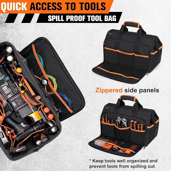 Heavy Duty Tool Bag 17.3-Inch, 26-Pocket Large Tool Bags for Men Women with Adjustable Shoulder Strap,Waterproof, Foldable Tool Bag Organizer for HVAC Electricians Mechanics Craftsman Contractor