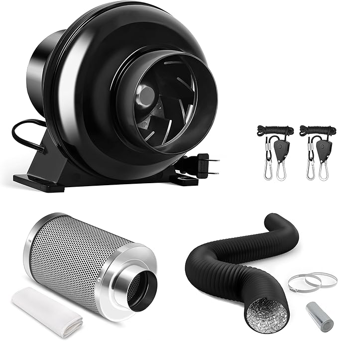 iPower 4 Inch 195 CFM Inline Fan Circulation Vent Blower, Air Carbon Filter, 8 Feet Ducting and 1-Pair Rope Combo for Grow Tent Ventilation, Low noise