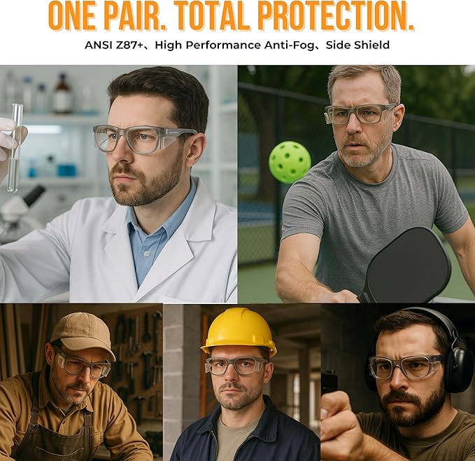 KOZIFACE E52 Anti-Fog Safety Glasses, ANSI Z87.1 Eye Protection with Side Shields, Clear Lens, Lightweight for Work, Lab DIY