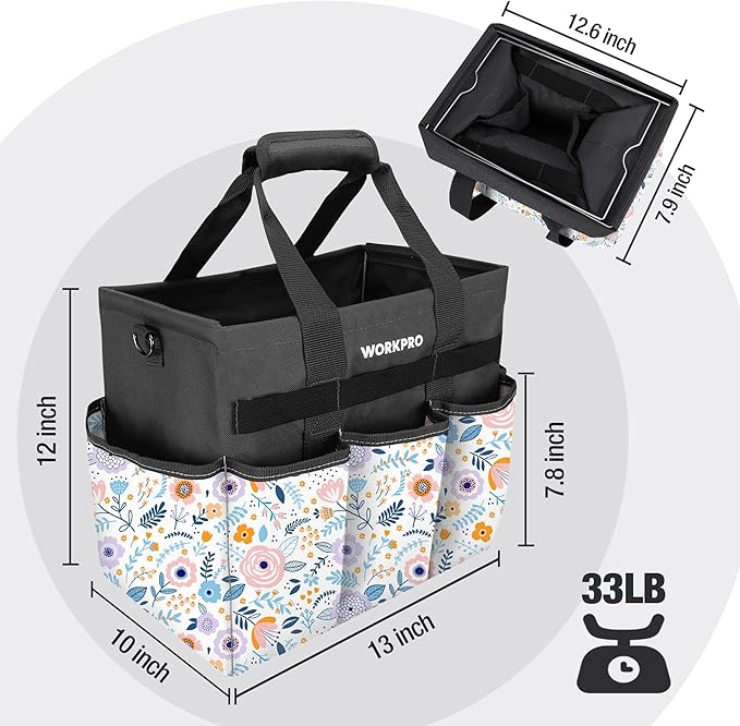 WORKPRO Garden Tool Bag, Heavy-Duty Gardening Tote Bag with 10 Pockets, Stand-Up Wide Mouth Tool Organizer, Adjustable Shoulder Strap, Large Capacity Storage – Floral White (Tools Not Included)