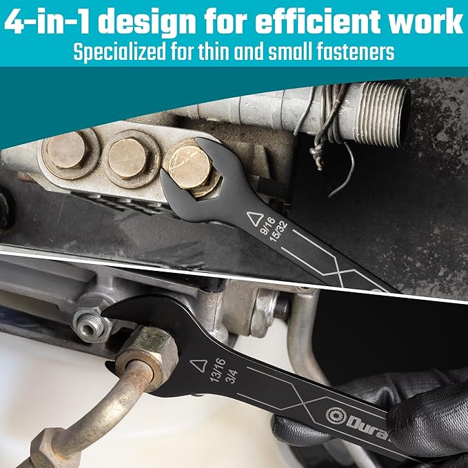 DURATECH 4-in-1 Super-Thin Open End Wrench Set, 3-Piece, 12 Sizes, SAE, Including 1/4", 5/16", 11/32", 3/8", 7/16", 1/2", 15/32", 9/16", 5/8", 11/16", 3/4", 13/16", Ultra-slim, Rolling Pouch Included