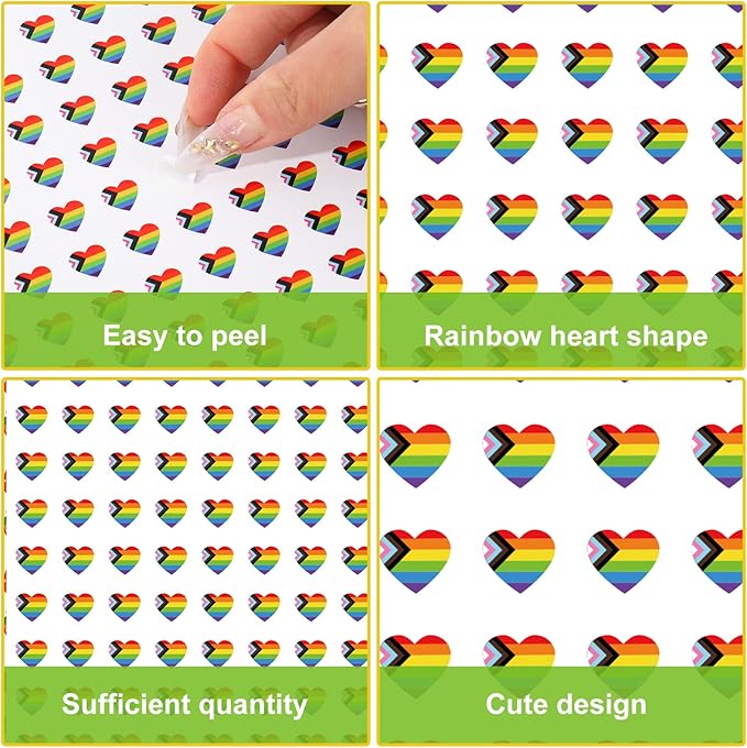 JarThenaAMCS 2400Pcs Mini Pride Progress Sticker Rainbow Heart Flag Paper Decal LGBT Gay Self-Adhesive Sticker for Planner Reward Envelope Scrapbook DIY Supplies, 0.5 in