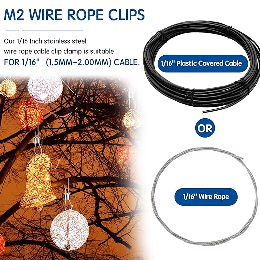 1/16 Inch Cable Clamps, 1/16" M3 304 Stainless Steel Wire Rope Cable Clip Clamp, Two Way Wire Rope Clips for 1.5-2.0mm Wire Rope for Holiday Decorations for Outdoors/Indoors - 8 PCS