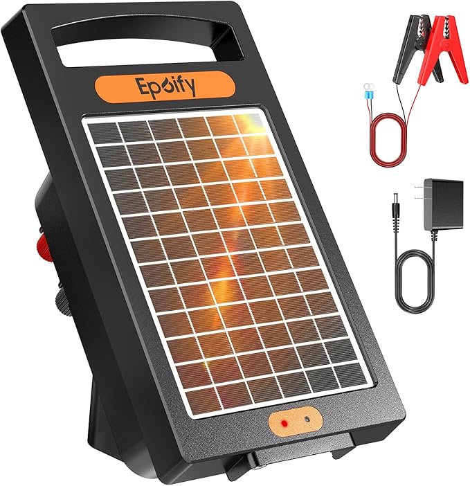 24 Hour Solar Electric Fence Charger, 10 Miles, Up to 10200v Output Range Electric Fence Charger, 0.18J Portable Energizer with Rechargeable Solar Panel for Livestock & Predator Protection