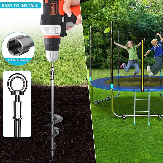 Phopich 18'' Ground Anchors, Fully Welded Heavy Duty Ground Anchors Screw in Swing Set Anchors Chrome Plating Anti Rust Ground Anchor with Straps for Dogs, Trampoline Stakes Resistant High Wind 4 Pack