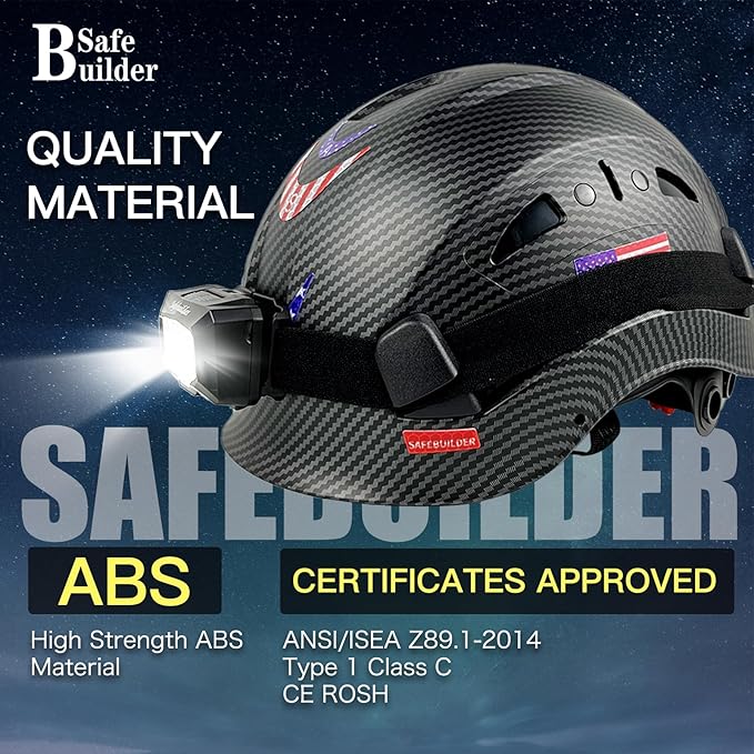 Construction Safety Helmet with Headlight Hard Hat Headlamp Adjustable Ventilation Hardhats Work Head Protection Certified ANSI/ISEA Z89.1