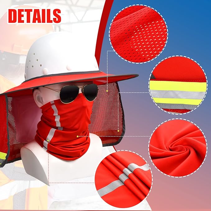 SATINIOR 2 Pcs Sun Hard Hat Neck Protection High Visibility Full Brim Mesh Sun Protection and Neck Gaiter Bandana Face Scarf for Construction Helmet Hard Hat Accessories, Reflective(Red)