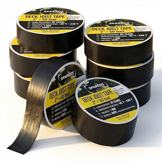 Deck Joist Tape for Decking, 2 inch x 50 Feet Roll, 8-Pack – Self-Adhesive Butyl Waterproof Flashing Tape, Protects Deck Beams from Rot and Decay, Easy-to-Apply