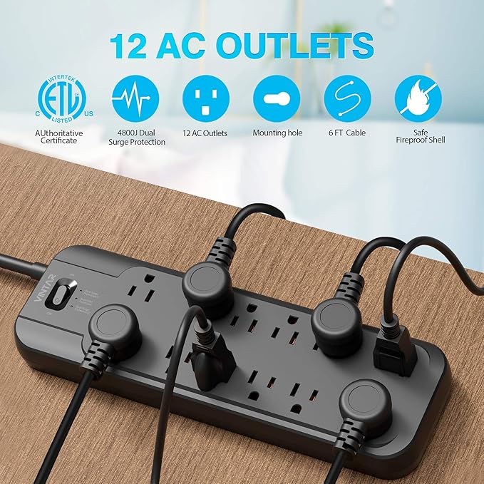 VINTAR Power Strip Surge Protector (2 × 4800 Joules) with 12 AC Outlets,1875W Output, 6ft Long Extension Cord Flat Plug with Dual Surge Protection for Office, Home, ETL Listed, Black