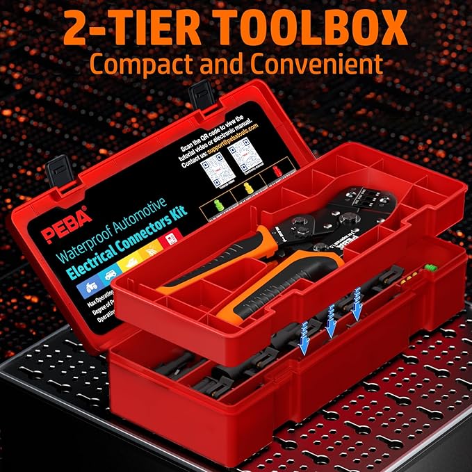 PEBA Crimping Tool and Waterproof Automotive Connectors Kit, 1/2/3/4-Pin Automotive Electrical Male/Female Connector Plug and Ratchet Crimper Tool AWG 22-14, for Cars, Motorcycles & Boats