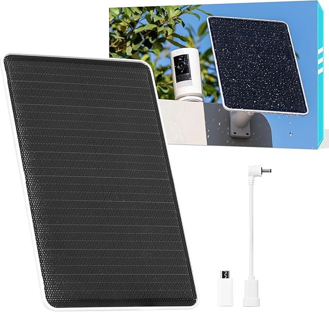 5V 8W Solar Panel for Security Camera, For Bird Feeder, 4G AOV Trail Cam, Ring Tapo Eufy Vicohome Eseecloud, Native USB-C, Micro-USB & DC 3.5mm*1.35mm, 23% Conversion, 9.8 Ft, 180 Days Exchange Policy