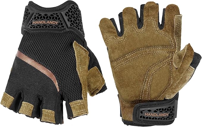HANDLANDY Fingerless Work Gloves for Mens & Women, Uwrist Half Finger Shock-Absorbing Breathable Glove