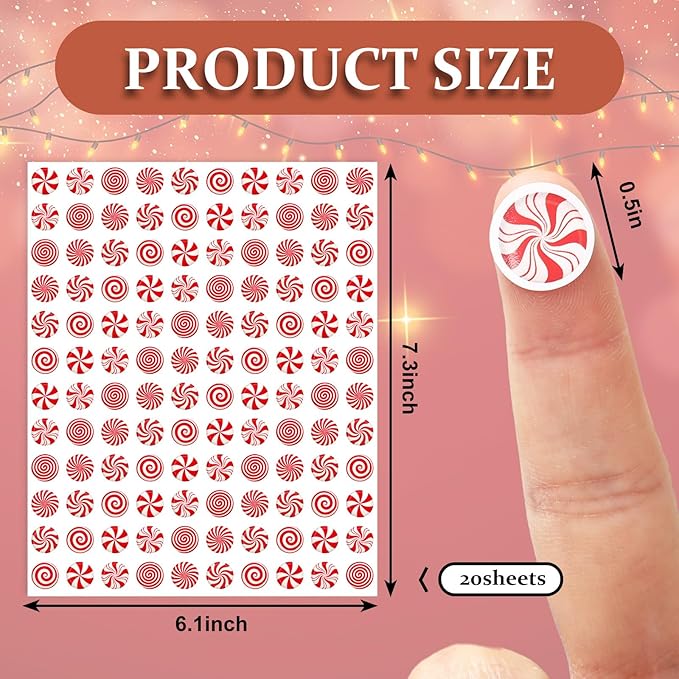 JarThenaAMCS 2400 Pcs Christmas Mini Sticker Red White Candy Paper Decal Xmas Winter Self-Adhesive Sticker for Reward Envelope Scrapbook Gift DIY Supplies, 0.5 in