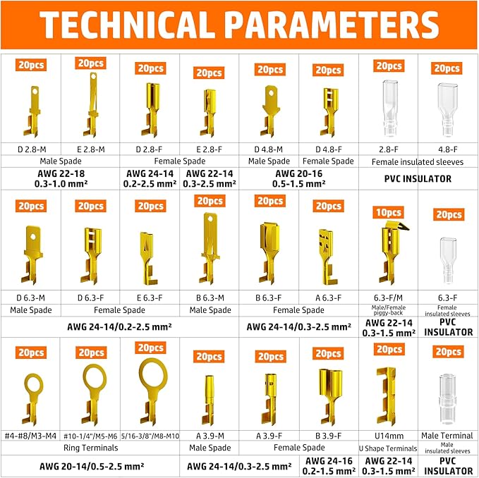 PEBA Open Barrel Crimping Tool Kit - 20 Sizes Spade Connectors Open Terminals & AWG 24-14 Ratcheting Wire Crimper, 2.8/3.9/4.8/6.3mm Non-Insulated Copper Terminals for Car Audio Speaker, Auto Wiring