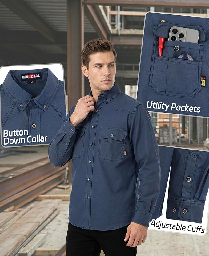 BOCOMAL FR Shirts Button Down Dura-Light 6.5 oz Soft Heather Series Utility Chest Pockets Flame Resistant Work Shirt CAT2