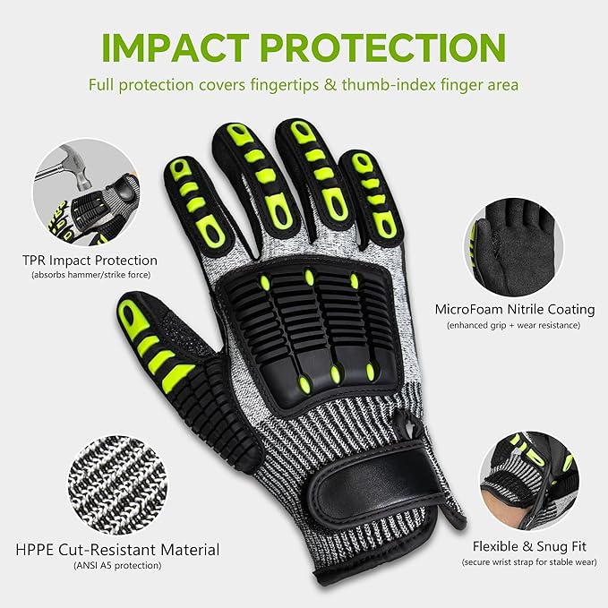 Impact Work Gloves for Men - ANSI Cut Level A5 with TPR Knuckle Guards & Shock Absorption, Nitrile Coated Palm for Maximum Grip, Heavy Duty for Construction, Warehouse, Auto Repair (2 Pairs L)