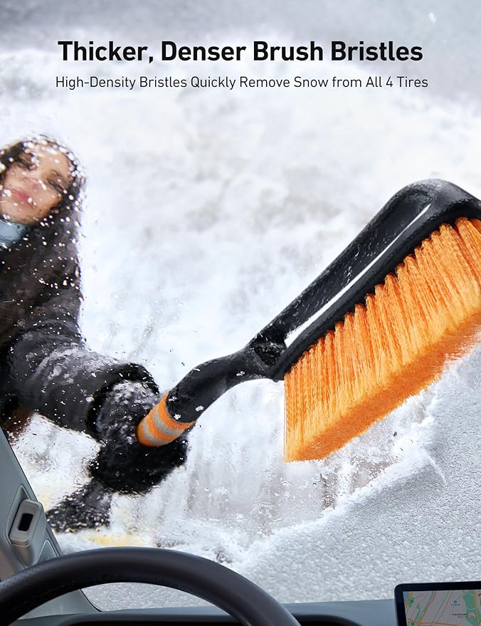 AstroAI 2 Pack 27" Snow Brush and Ice Scrapers for Car Windshield, Detachable Snow Scrapers with Ergonomic Foam Grip for Cars, Trucks, SUVs (Heavy Duty ABS, PVC Brush, Orange)