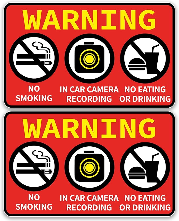 2 PCS No Smoking in This Vehicle, In Car Camera Recording, No Eating or Drinking Stickers，Waterproof and UV Resistant for Van Car SUV Taxi Driver Window Door