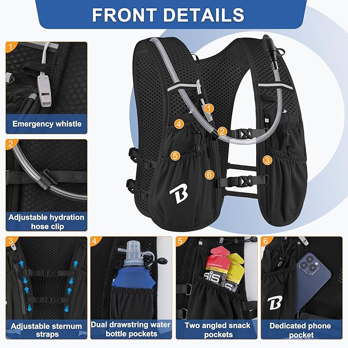 Running Vest Hydration Backpack for Men Women, 5L Lightweight Running Backpack Hydration Pack for Marathon, Trail, Cycling, Hiking, Jogging