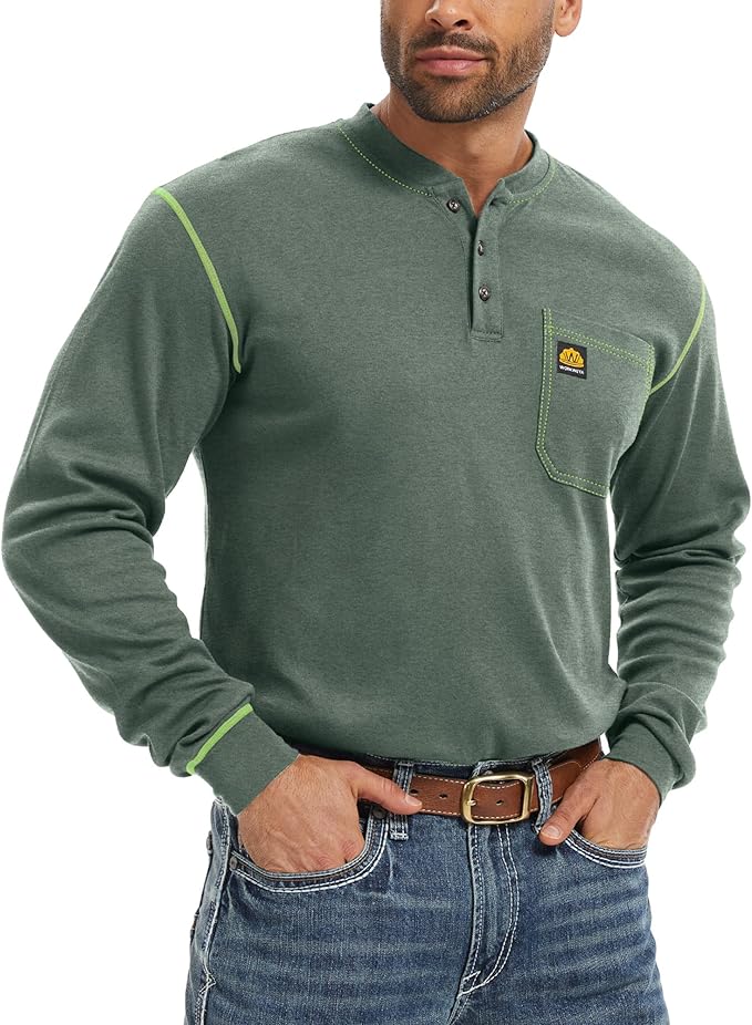 WORKWEYA FR Shirts for Men 6.5 oz Flame Resistant Long Sleeve Henley Shirt NFPA 2112/CAT2