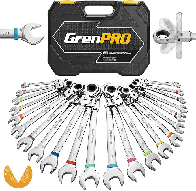 23PCS Flex-Head Ratcheting Wrench Set, Combination Ratchet Wrenches Set Metric and Standard & SAE with Organizer Box, 6-18mm & 1/4" to 3/4" with Color Ring, CRV Socket Mechanic Tools Sets
