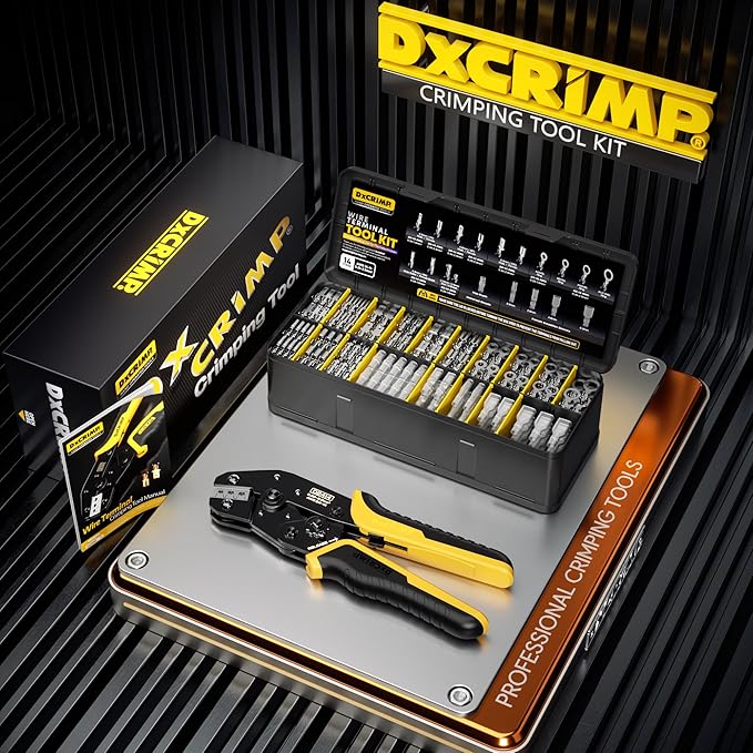 Crimping Tool Kit, 14-Type Open Spade & Quick-Disconnect Connector Set (2.8/3.9/4.8/6.3 mm) Non-Insulated Brass Terminals, 24–14 AWG Ratcheting Crimper, for Automotive, Marine, Appliance, DIY