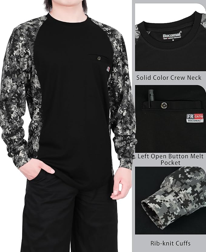 BOCOMAL FR Shirts Crewneck 5.5oz Lightweight Cotton Paisley Camo Two-Tone Flame Resistant Long Sleeve CAT2 Work Shirt