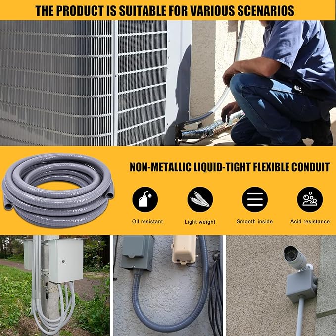 Liquid-Tight Conduit - 1inch 50 Foot Flexible Non Metallic Liquid Tight Electrical Conduit Kit, with 6 Straight and 3 Angle Fittings Included. 1" Dia