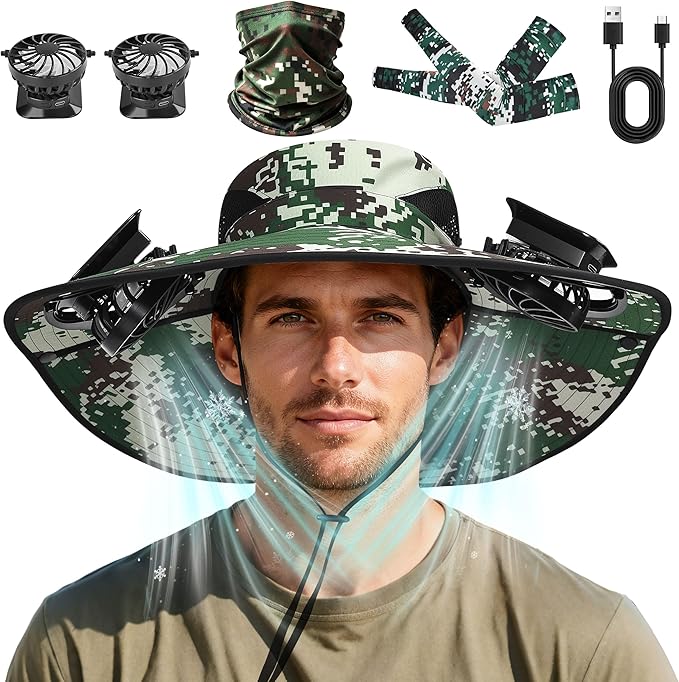 Solar Fan Hat with Detachable Fan, UPF 50+ Wide Brim Sun Hat with Face Mask and Arm Sleeves, 3 Speed USB &Solar Powered Fan