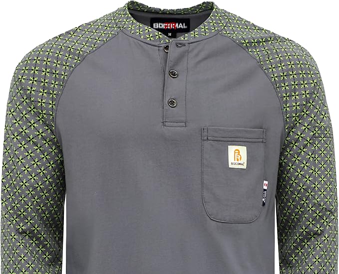 BOCOMAL FR Shirts 6oz Lightweight Flame Resistant Long Sleeve Henley Shirt Fire Retardant Workwear NFPA2112 CAT2