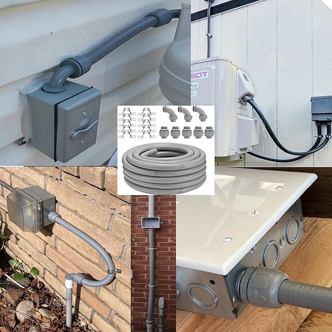 1inch 50ft Non-Metallic Liquid-Tight Conduit Connector Kit, Flexible Electrical Conduit, NPT Thread Straight/Angle Fittings & Clamps for LFNC-B, Weatherproof Outdoor UV Resistant for Outdoor & HVAC