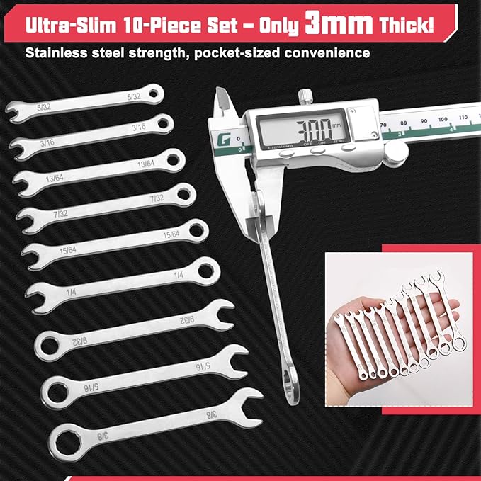 10Pcs Ultra-Thin Standard SAE 5/32"-7/16" Mini Wrench Set Stainless Steel Combination Wrenches Open End and Box End Combination Wrench Ignition Wrenches with Circle Ring,Gate Clip in Pouch
