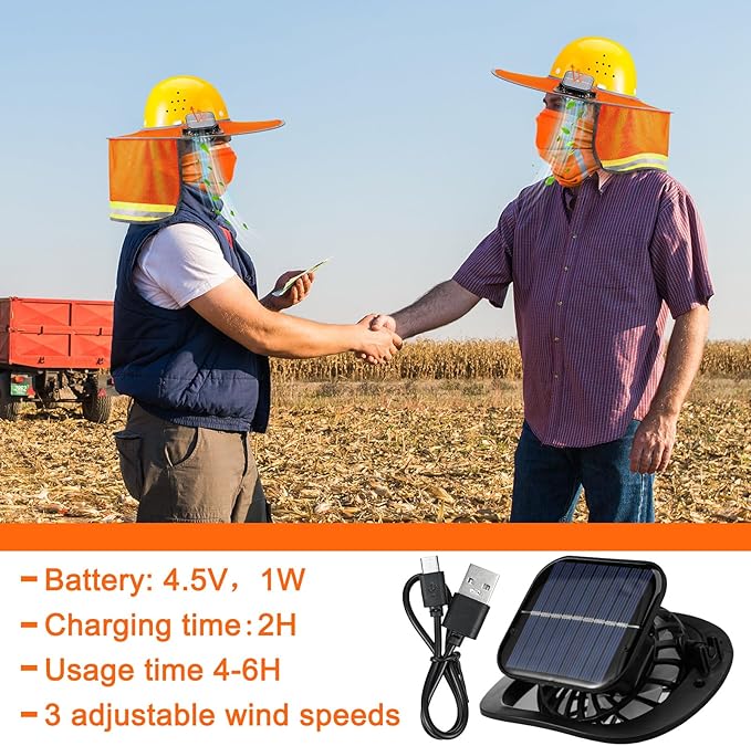 1 Set Sun Hard Hat Shade Full Brim Hard Hat Sun Visor with Solar Fan and Neck Sunshade Cover High Visibility Full Brim Mesh with Reflective Strip Summer Protect Accessory(Orange)