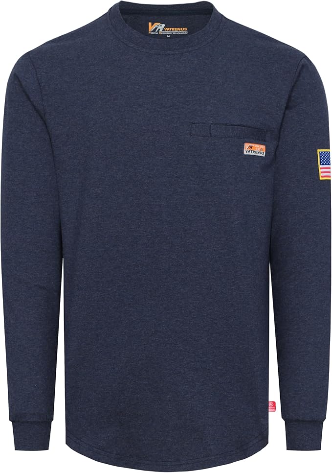 VATRENUS FR Shirt for Men Crewneck Midweight Utility Pocket Fire Resistant Long Sleeve Work Shirts NFPA2112 CAT2