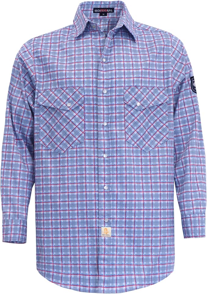 BOCOMAL FR Shirts Flame Resistant NFPA2112/CAT2 6.5oz Light Weight Printed Fire Retardant Plaid Shirt
