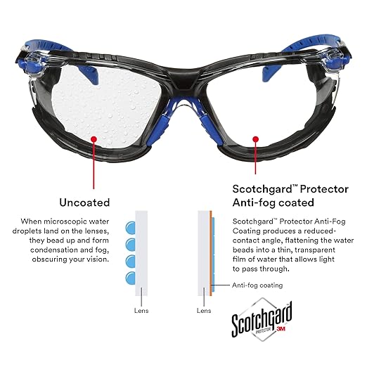 3M Safety Glasses, Solus 1000 Series, ANSI Z87, Scotchgard Anti-Fog, Clear Lens, Blue/Black Frame, Removable Foam Gasket and Strap, Pack of 1