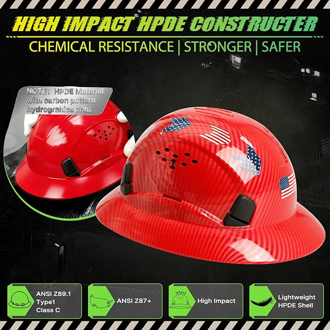 Carbon Fiber Pattern Full Brim Hard Hat with Visor-OSHA Approved Construction Safety Helmet for Men Women,ANSI Z89.1 Vented Reflective Hardhat with Hard Hat Chin Strap,6-Point Suspension