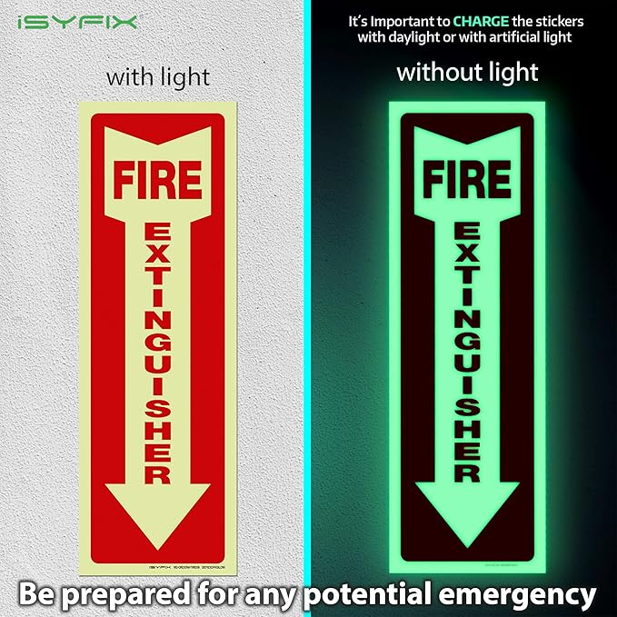 iSYFIX Fire Extinguisher Glow in the Dark Sticker Sign – 12 Pack 4x12 Inch – Premium Self-Adhesive Vinyl, Laminated for Ultimate UV, Weather, Scratch, Water and Fade Resistance, Indoor and Outdoor