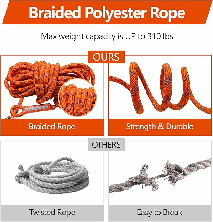 Fall Protection Rope for Roofing Tree Climbing, 50ft Harness Safety Lanyard, Vertical Rope with Grab Snap Hooks Shock Absorber Safety Equipment Orange