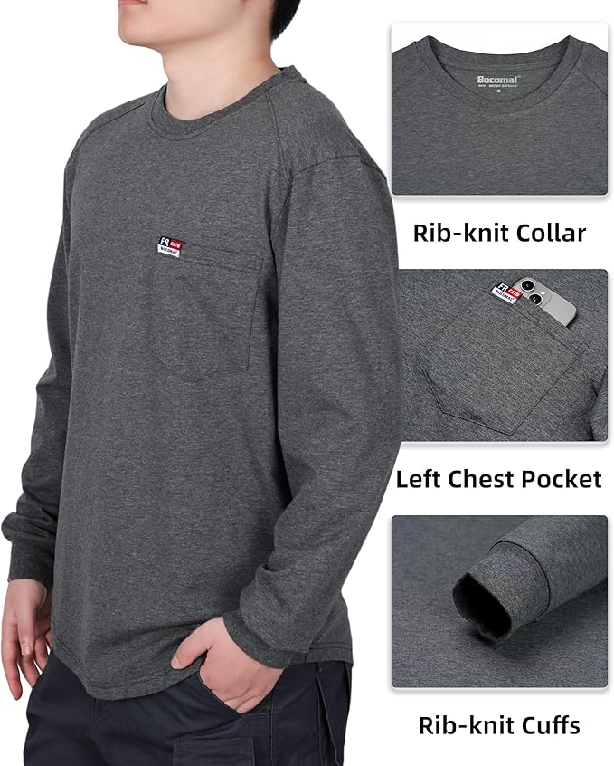 BOCOMAL Men's FR Shirts Long Sleeve Crewneck EX Soft Heather Series 6oz Midweight Flame Resistant Work T Shirt CAT2