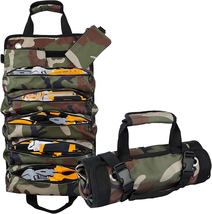 Portable Foldable Roll-Up Waterproof Tool Bag Organizer with 5 Compartments & 2 Detachable Pouches, Heavy-Duty Tool Pouch Bag, Dad Men Electrician Mechanic Gifts (Camouflage)